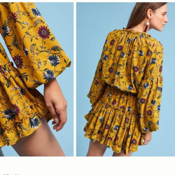 Misa Violet Dress Small Balloon Sleeve Smocked Mini Marigold Floral Yellow - Picture 10 of 11